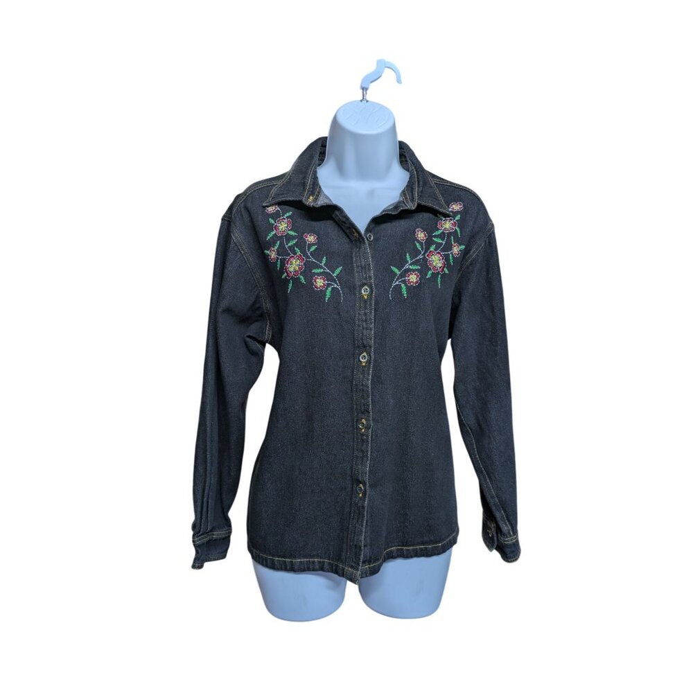 C.D. Petites Women's Black Denim button up Floral embroidered Shirt Size LP